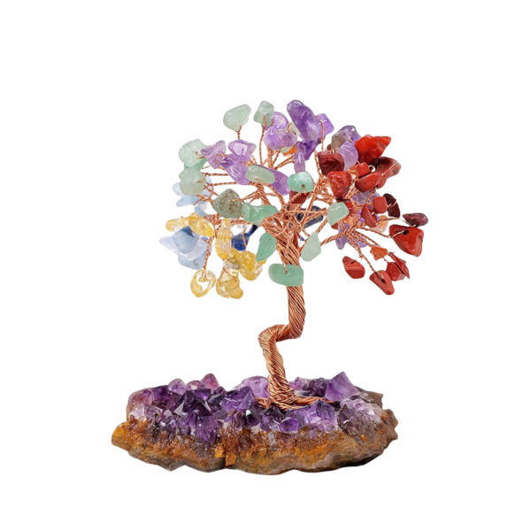 seven chakra tree with amethyst cluster base