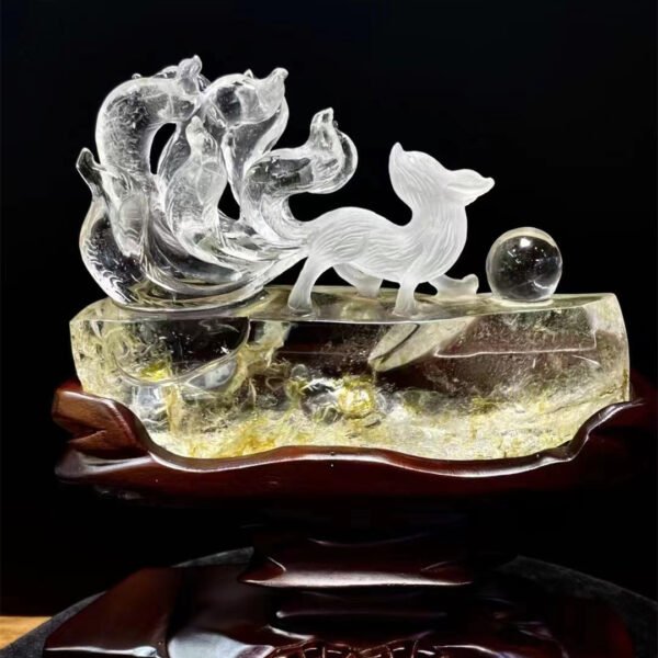Clear quartz fox carvings golden healer crystal statement