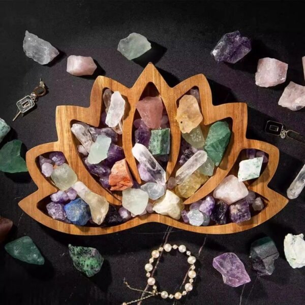 flotus shaped wood tray crystal holder