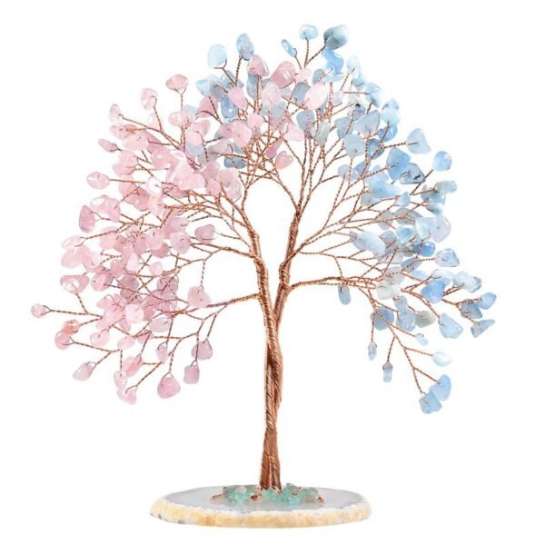 Twisted aquamarine & rose quartz Crystal Tree with Agate Slice Base