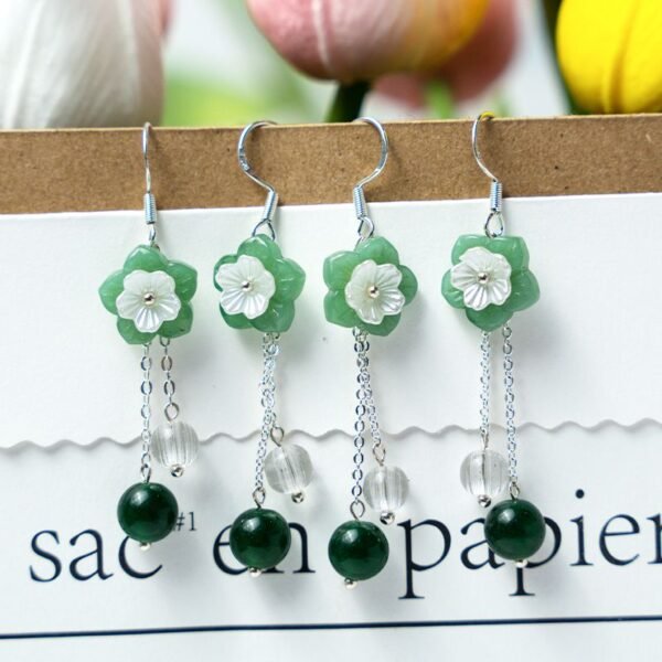 Green Jade Flower Clear Quartz Beads Earrings - Image 2