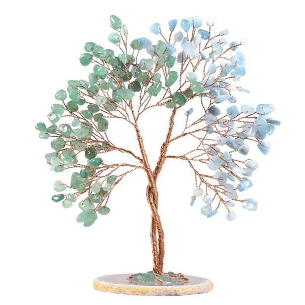 Twisted green aventurine jade & aquamarine Crystal Tree with Agate Slice Base