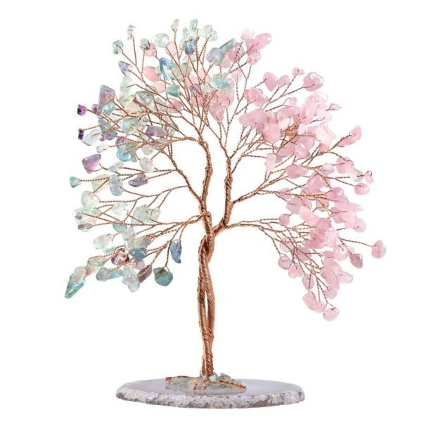 Twisted rainbow fluorite & rose quartz Crystal Tree with Agate Slice Base
