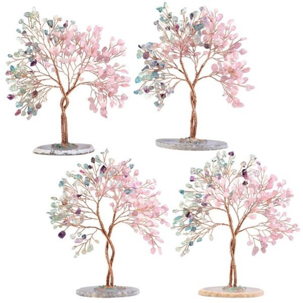 Twisted rainbow fluorite & rose quartz Crystal Tree with Agate Slice Base