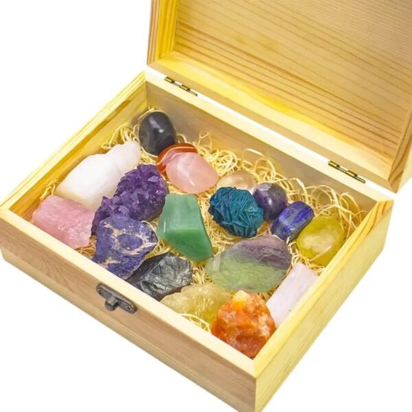 selenite tower raw crystals tumbled stone gift box wooden box healing set