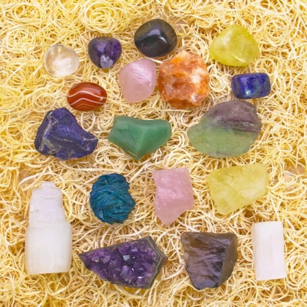 selenite tower raw crystals tumbled stone gift box wooden box healing set