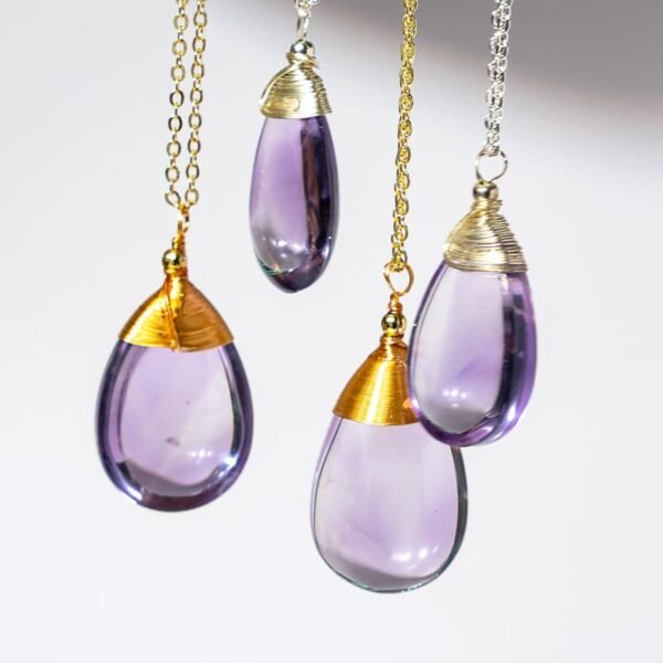 Gold Silver Wire Wrapped Water Tear Dropped Amethyst Pendant Necklaces With Stainless Steel Chains