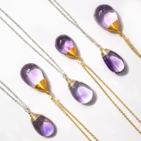 Gold Silver Wire Wrapped Water Tear Dropped Amethyst Pendant Necklaces With Stainless Steel Chains